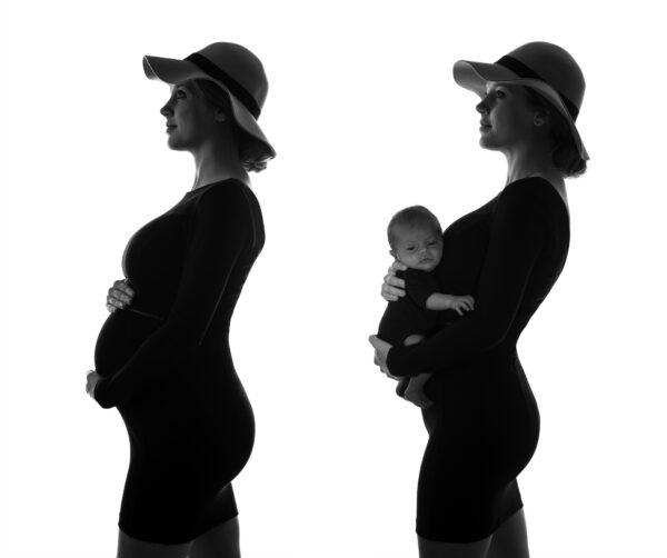 portrait de femme enceinte en noir et blanc avant et après naissance du bébé