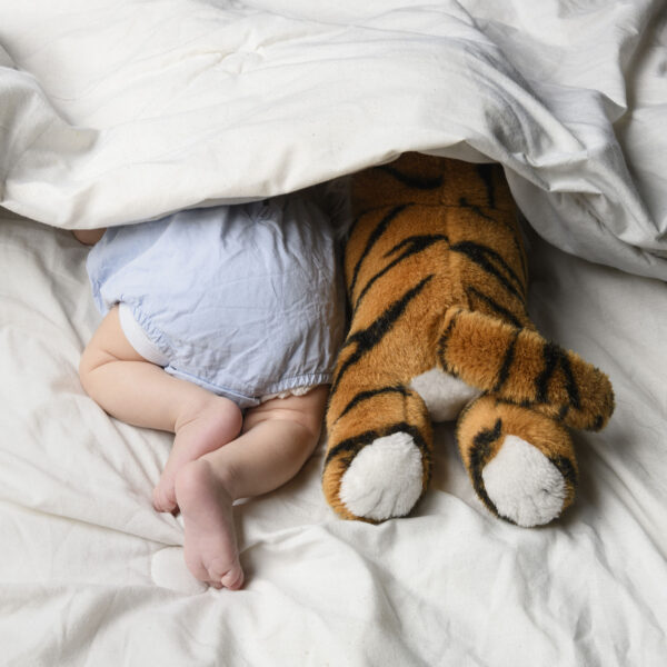 fesses de bébé avec un tigre en peluche dans un lit