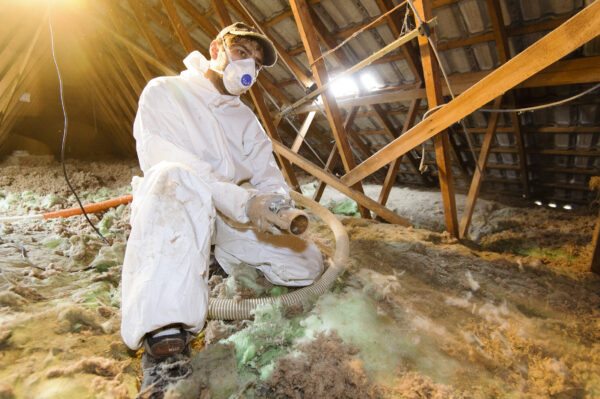 isolation de combles UAB homme projetant de la laine soufflée