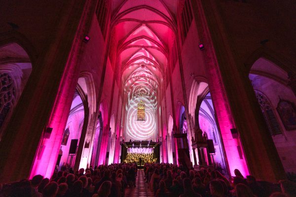 concert de Lumières sur Notre-Dame de Cléry 2025 basilique éclairé en couleur rose